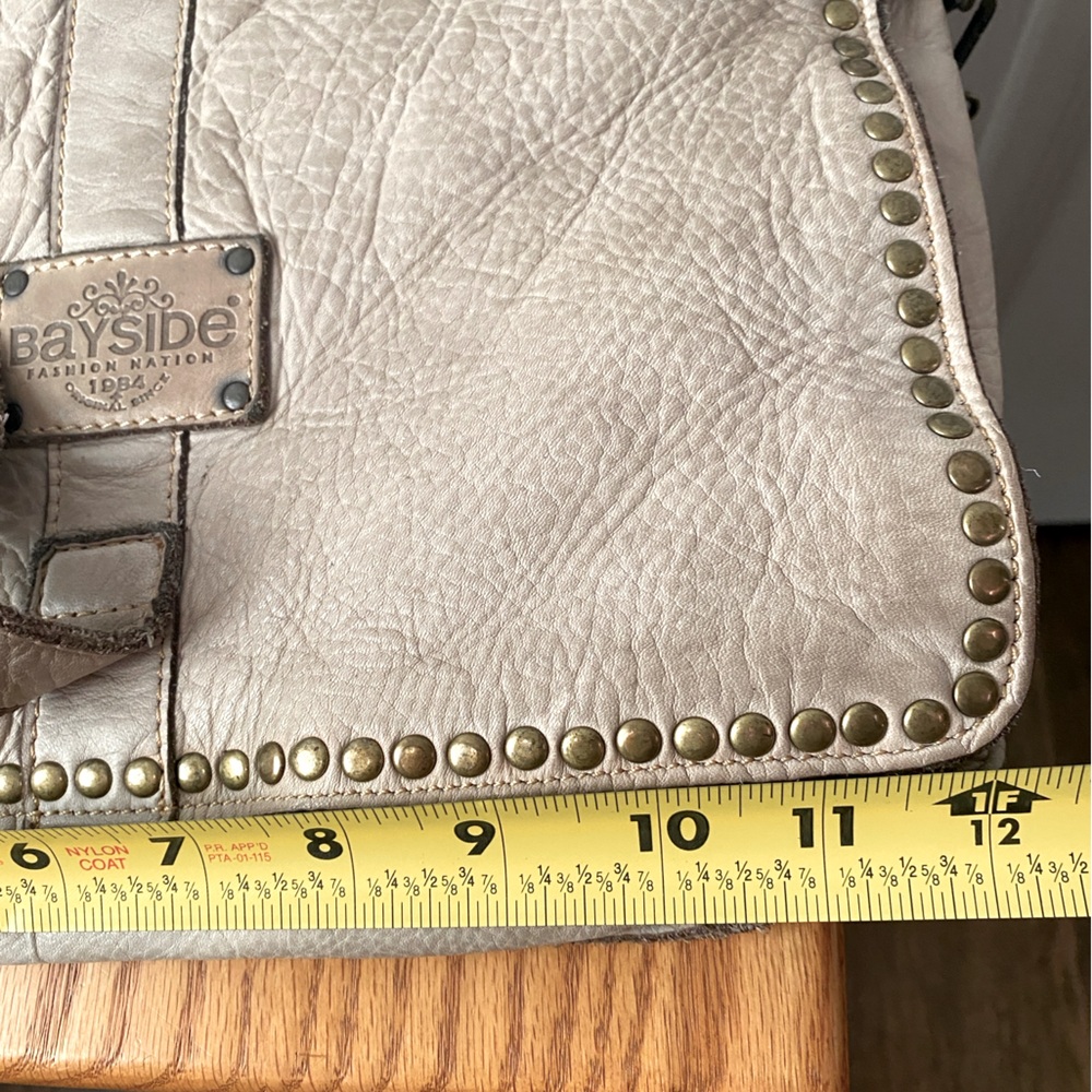 Bayside Made in Italy Beige/Taupe Pebbled Leather Studded Postman Shoulder Bag - Picture 13 of 16
